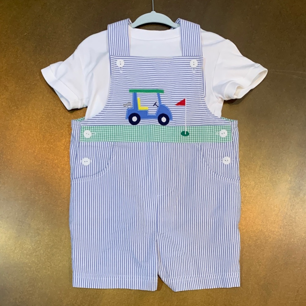 Florence Eiseman Seersucker Shortall with Golf Cart Appliqué + Shirt